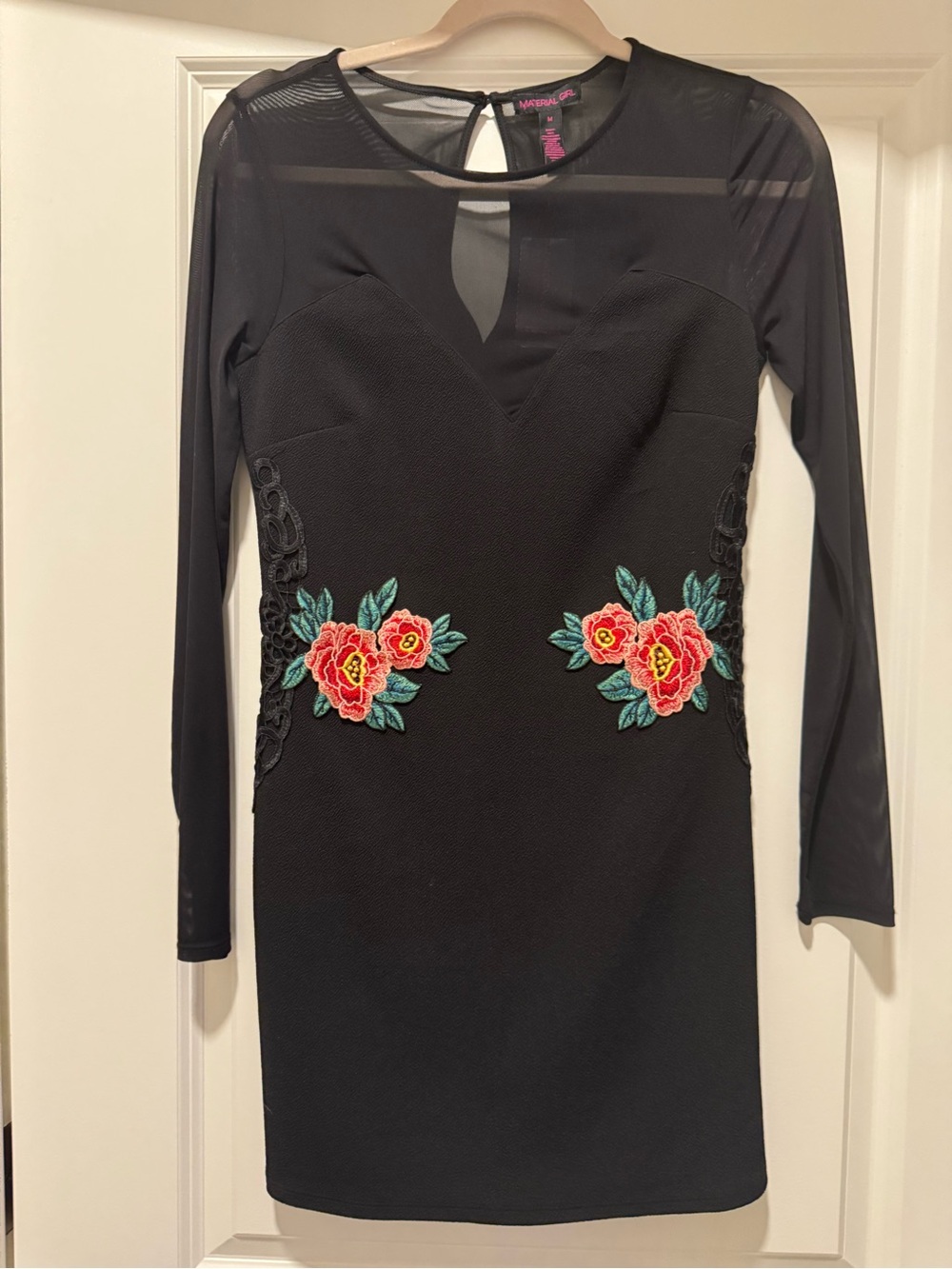 Material Girl Black Long-Sleeve Mesh Dress with Red & Pink Floral Appliqués M